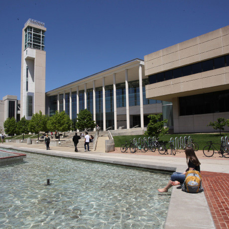 JQH Fountain outside of the Meyer Library