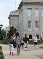 Students walking in front of Hill Hall