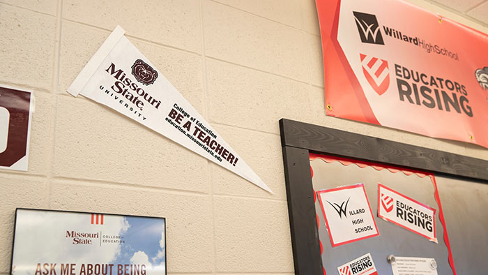 Missouri State decorations on the wall of Jennifer Baxter's classroom.